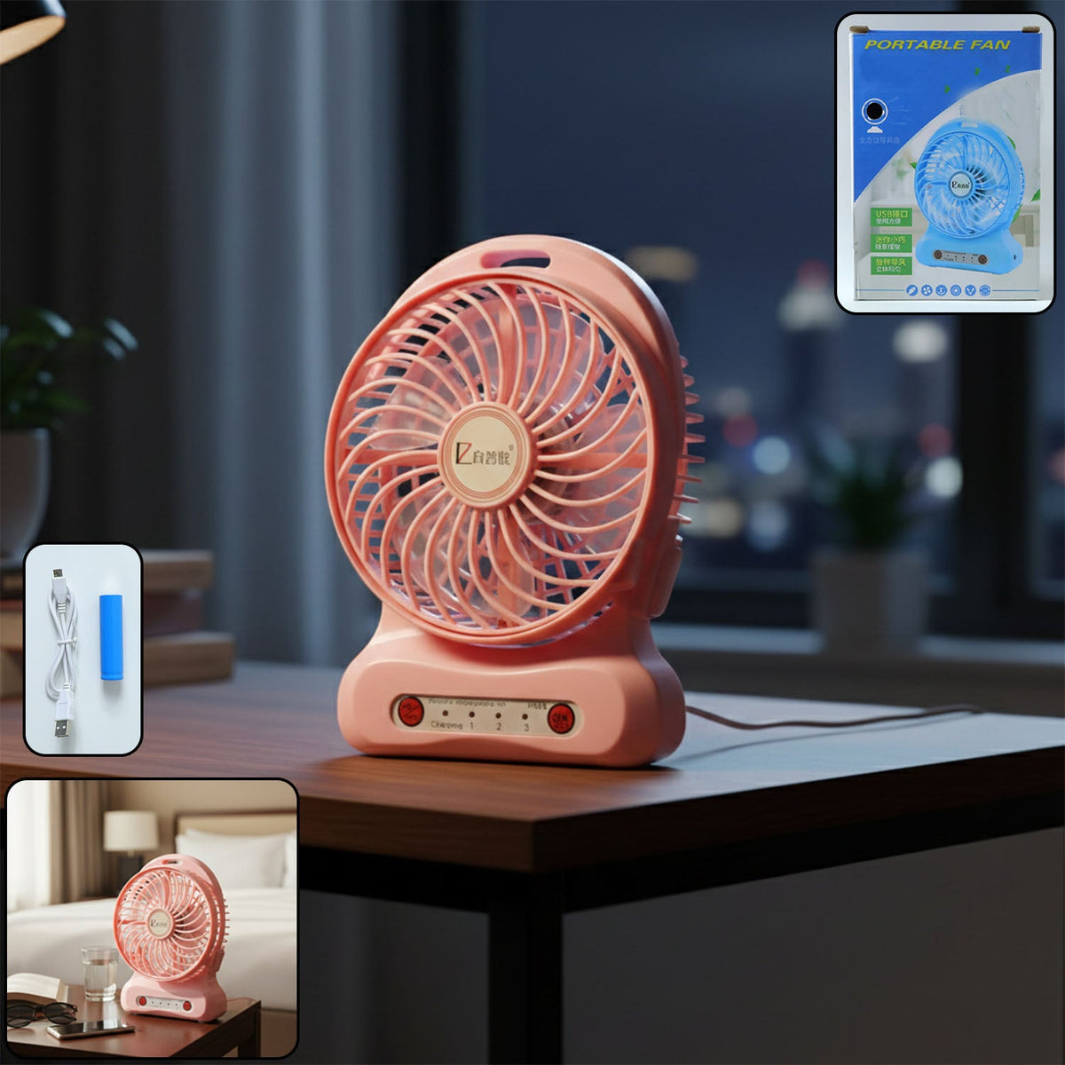 Portable USB rechargeable desk fan on office desk providing personal cooling Main image
