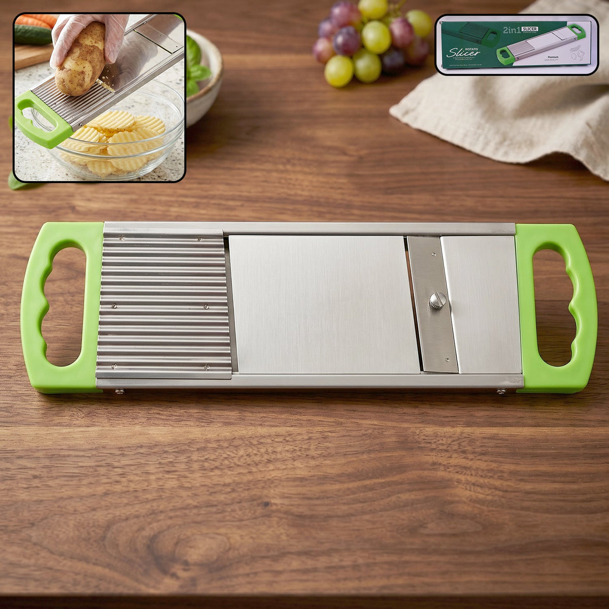 A 2-in-1 potato slicer and cutter displayed on a white background, highlighting its dual functionality. Main image