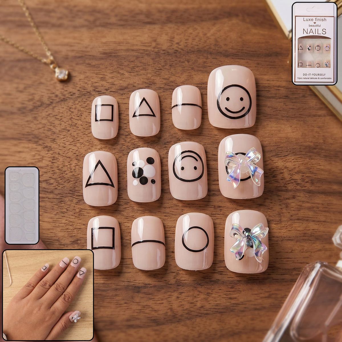 Woman showcasing glossy press-on nails for an elegant look. Main image