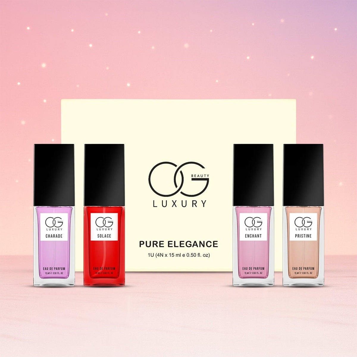 Pure Elegance Eau De Parfum gift set featuring 4 travel-size unisex perfume bottles Main image