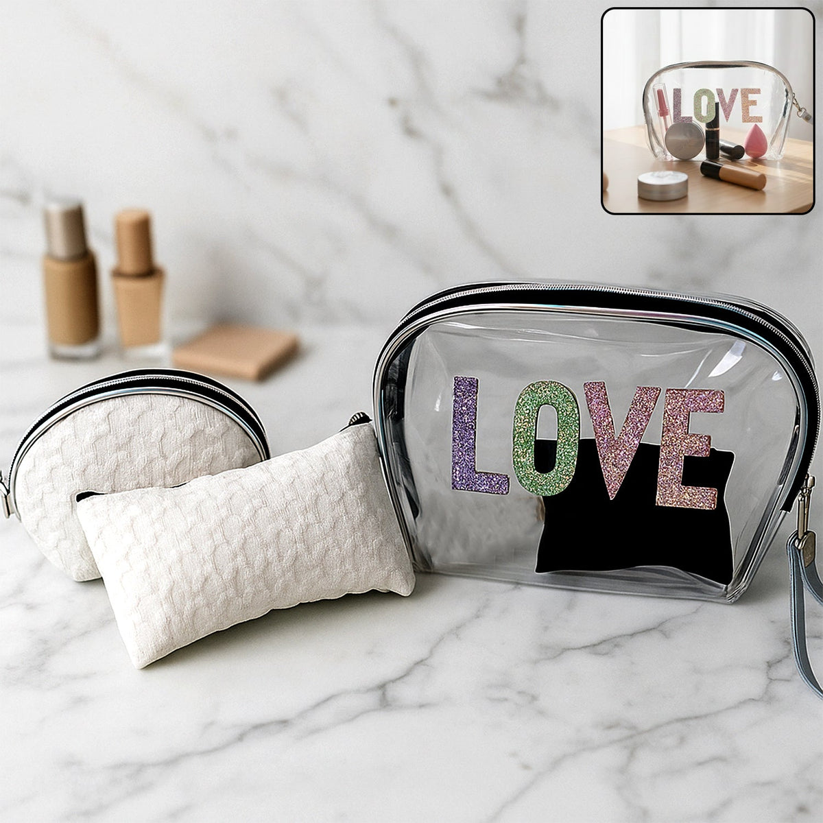 3-in-1 makeup bag set featuring transparent pouch with glitter LOVE design Main image