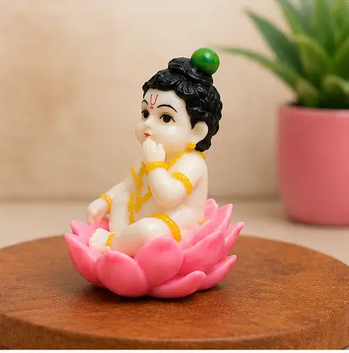 Baby Krishna Idol Sitting on Lotus, Premium Resin Murti for Pooja Room & Home Décor, Cream, 1 Pc