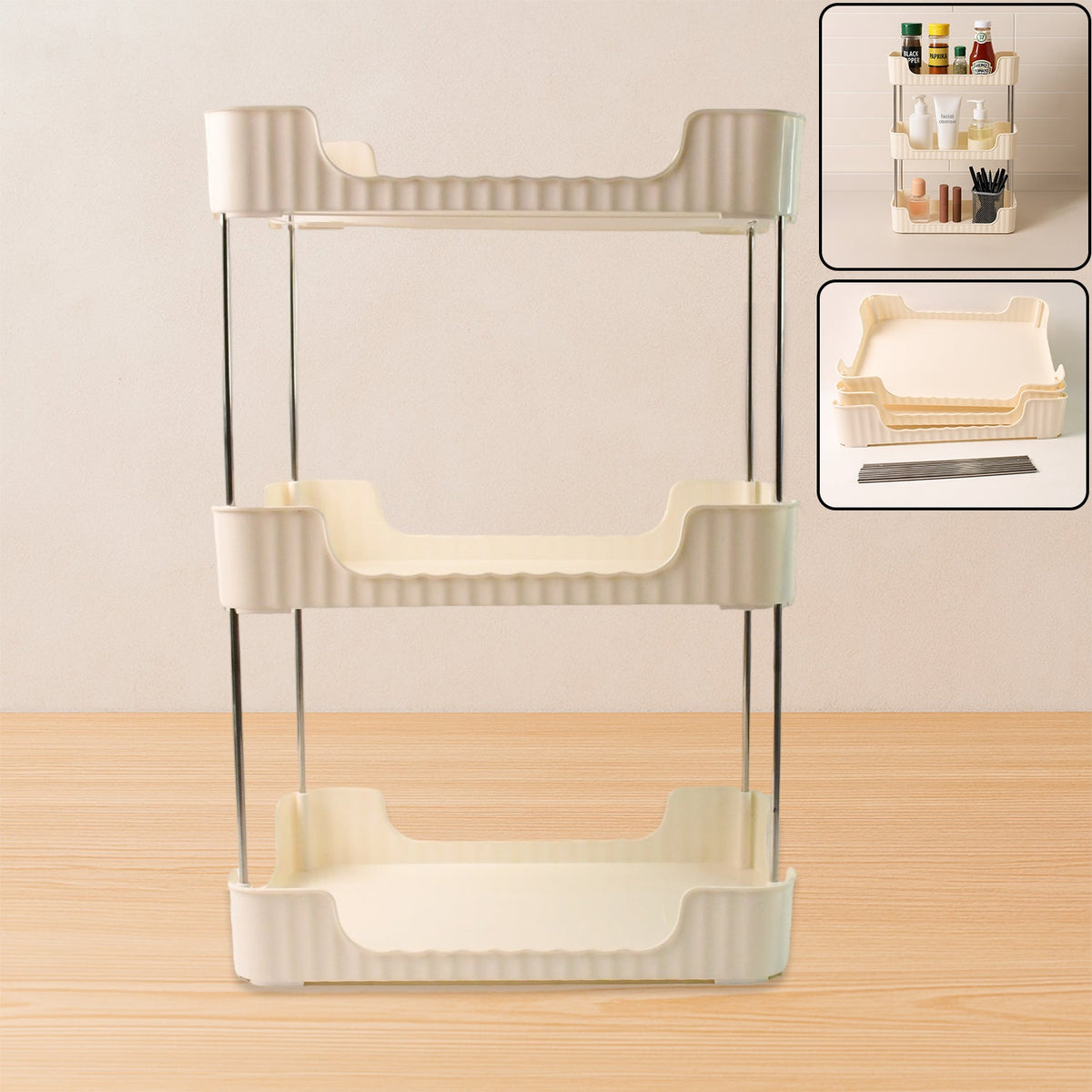 3-tier storage organizer rack with plastic trays and metal rod support Main image
