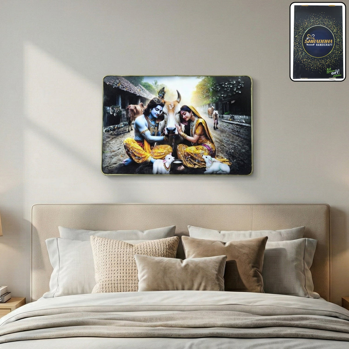 Beautiful Radha Krishna village scene wall art with cow theme Main image