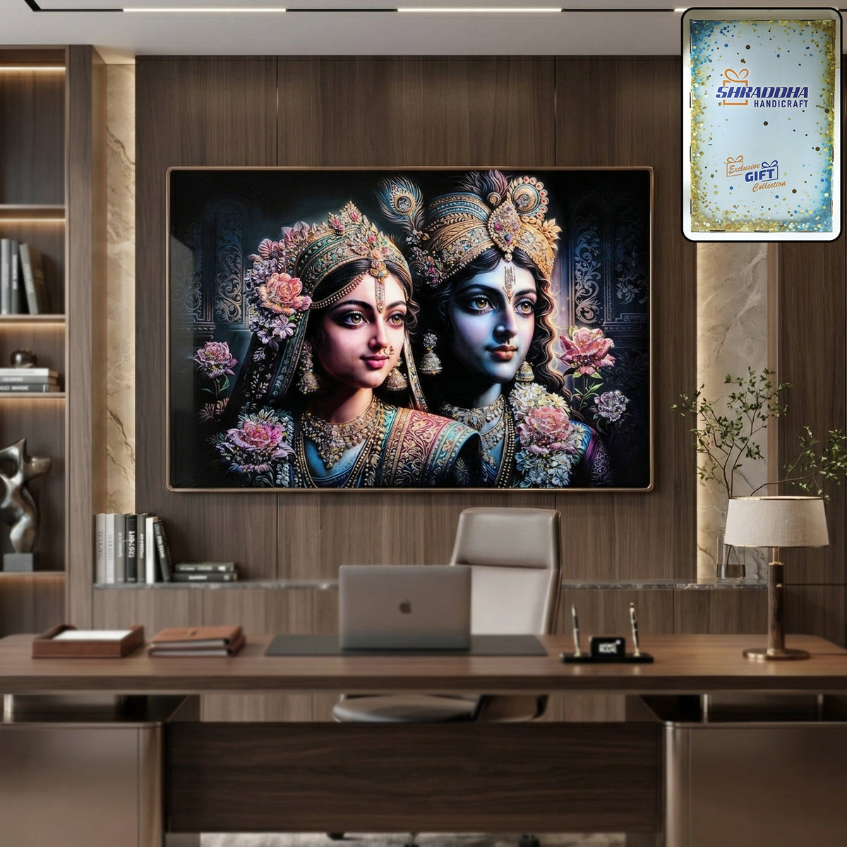Radha Krishna artwork in royal wall frame, ideal spiritual home decor Main image