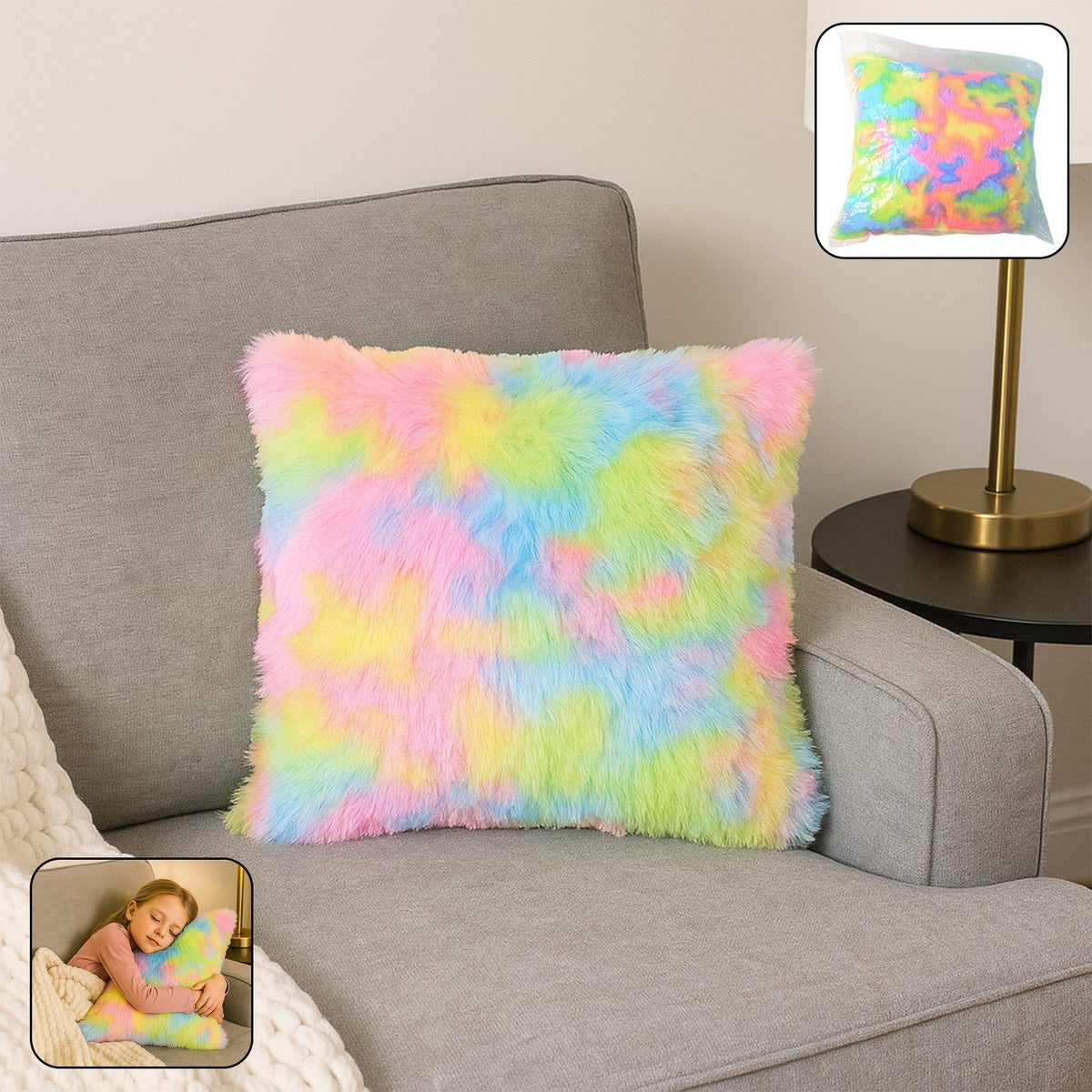 Soft plush rainbow cushion pillow with vibrant multicolor pattern Main image