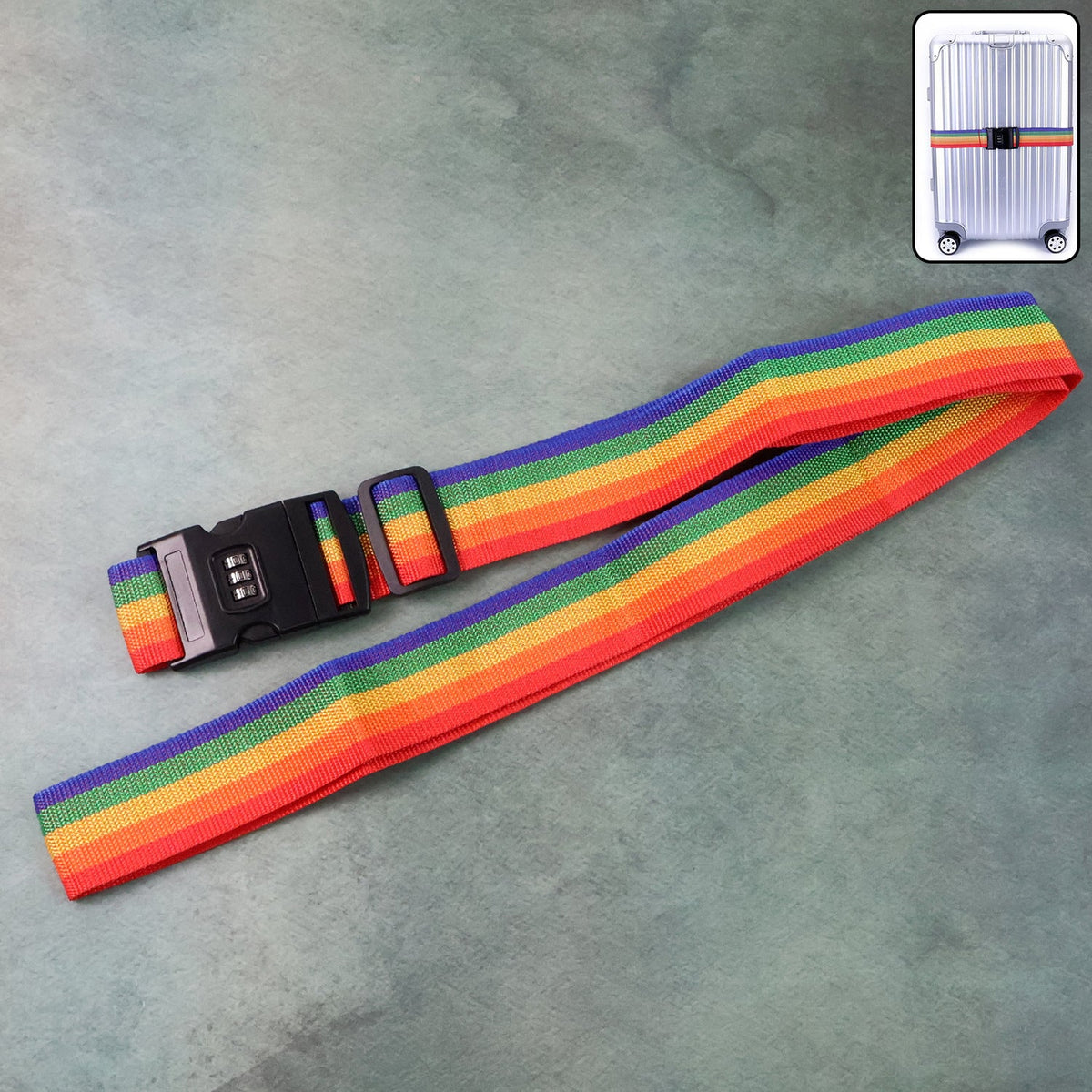 Vibrant Rainbow Luggage Strap with a 3-digit combination lock for secure travel. Main image