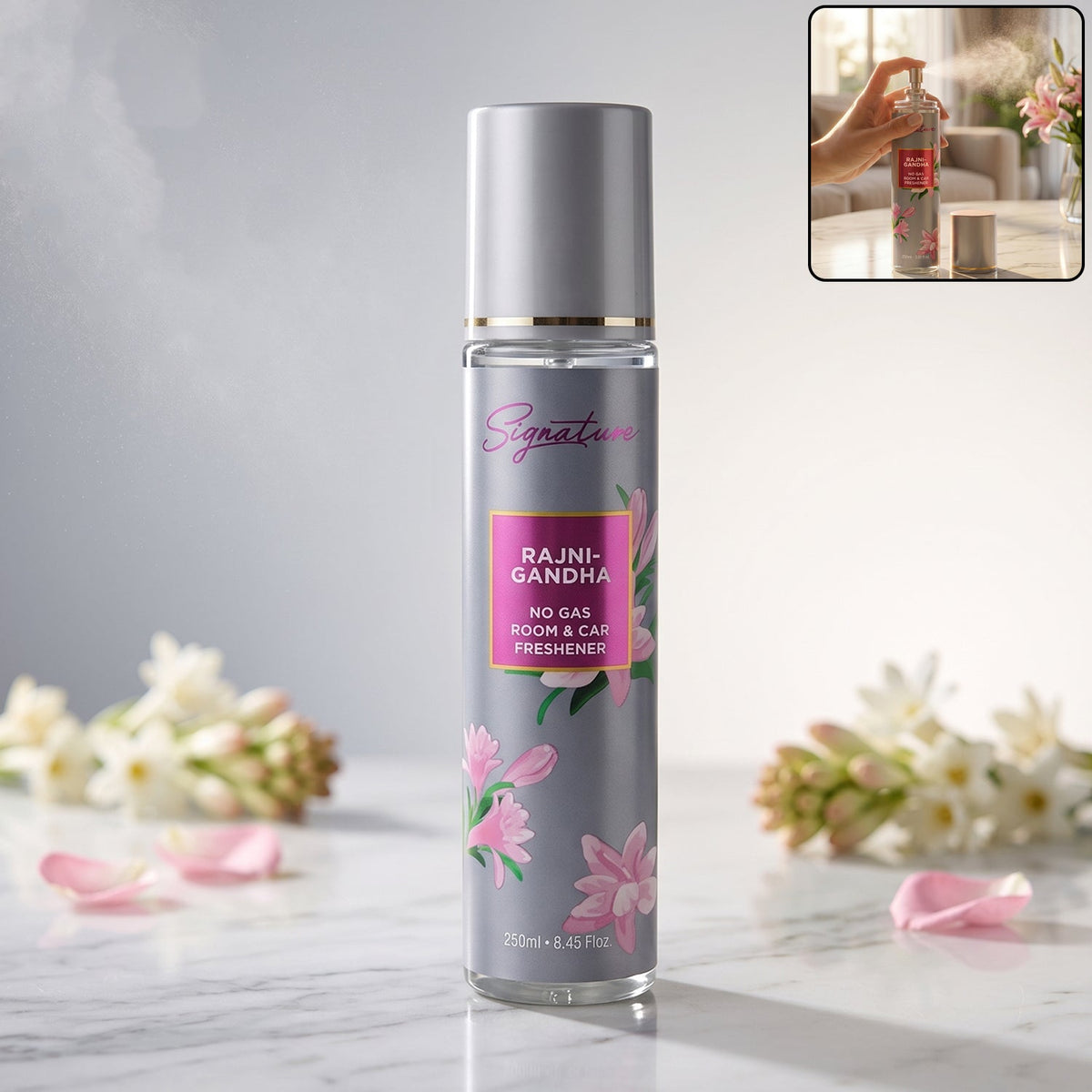 Signature Rajnigandha floral room & car freshener spray 250ml, long-lasting and eco-friendly Main image