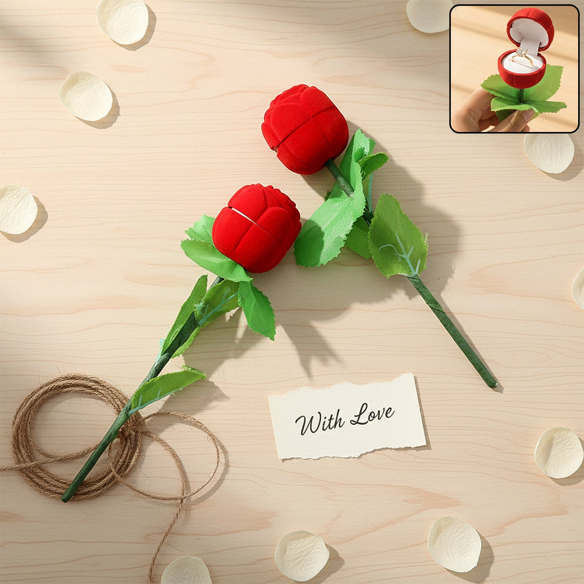 Artificial rose ring box set showing 2 flower-shaped ring holders with stems for wedding proposals in India Main image