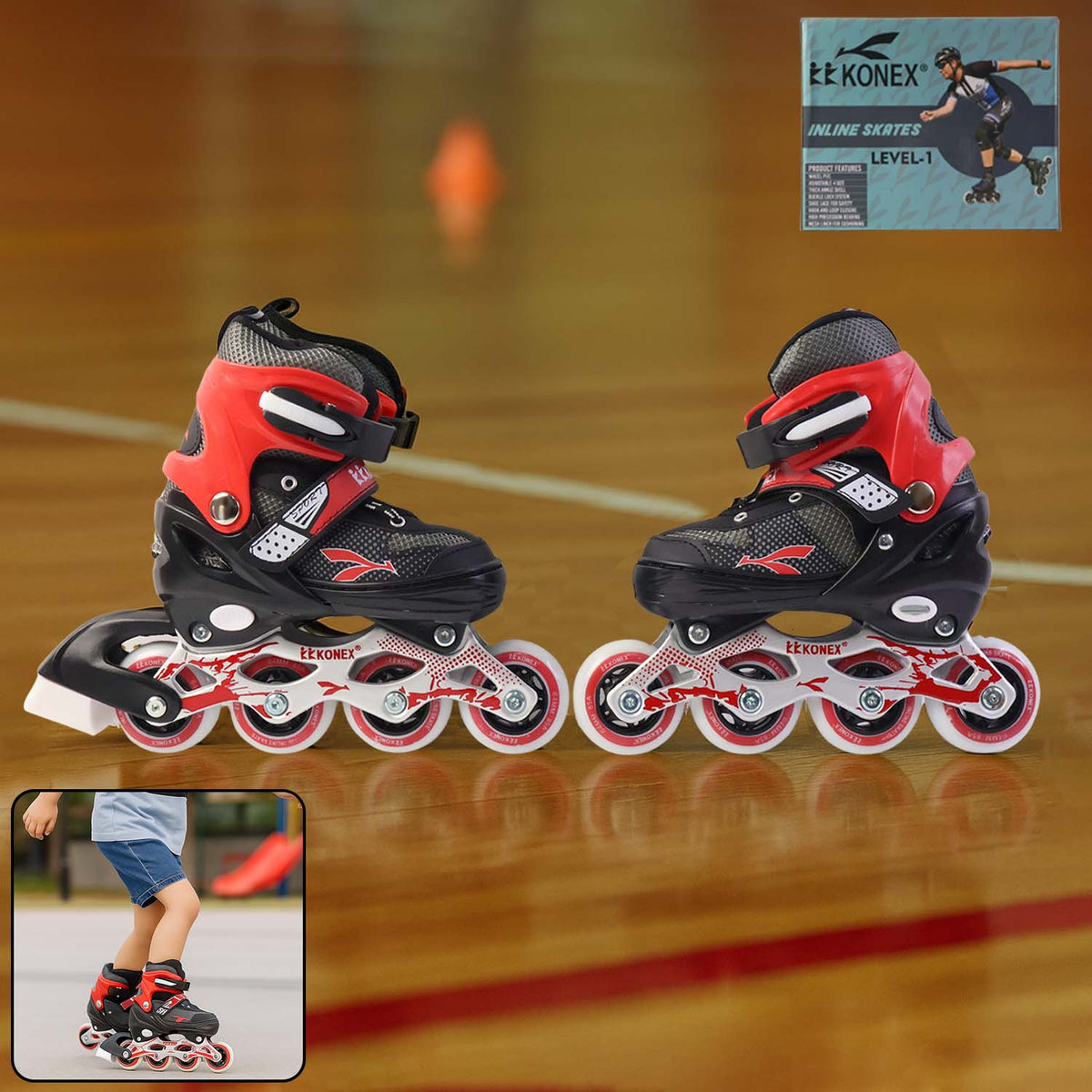 Medium size adjustable inline skates for kids and adults with aluminum frame and red design Main image