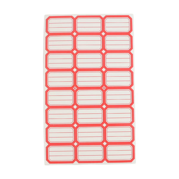 Single sheet showing multiple red and white self-adhesive rectangular label stickers