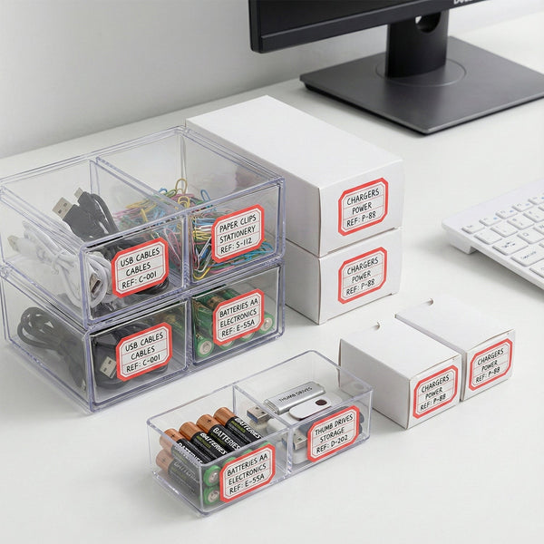 Kitchen organizer using self-adhesive rectangular label stickers for clear labels