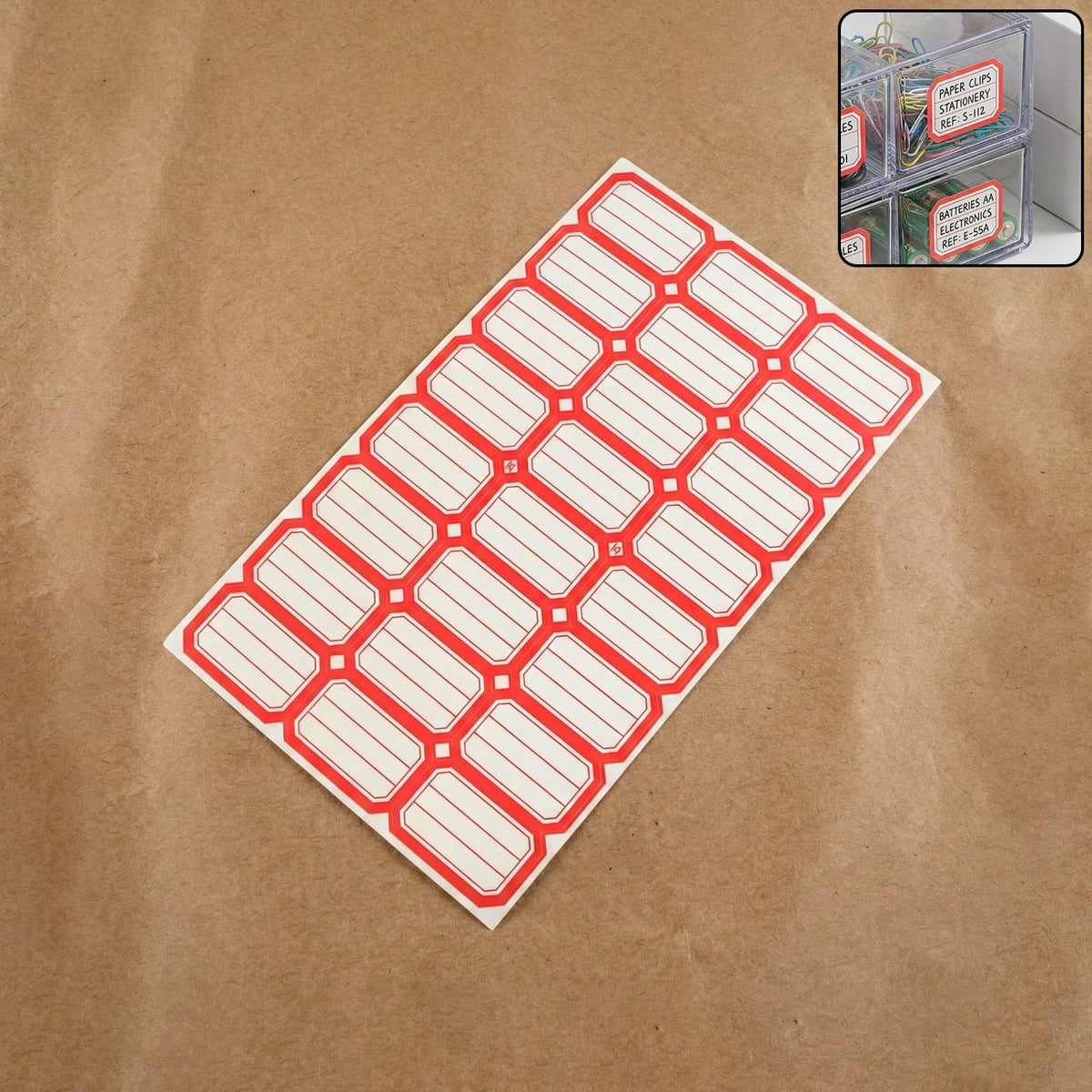 Sheet of red and white self-adhesive rectangular label stickers arranged neatly Main image