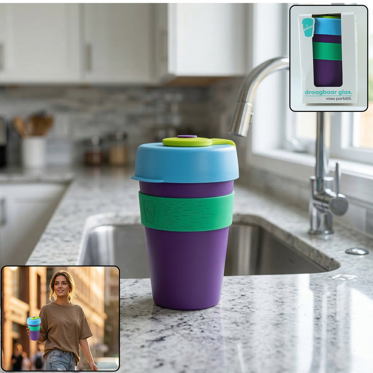 Colorful reusable coffee travel mug with silicone lid Main image