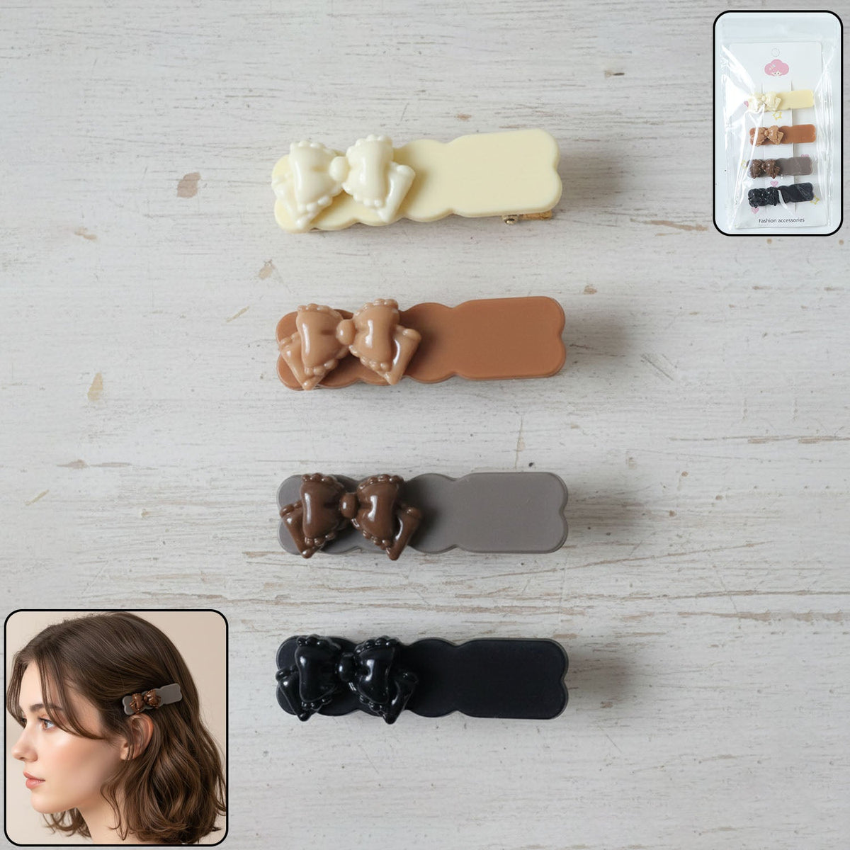 Elegant bow hair clip from 4-piece stylish snap clips set Main image