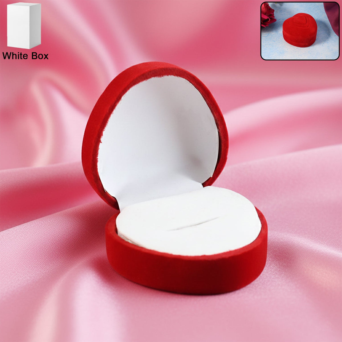 Heart-shaped velvet jewellery ring box in elegant red velvet exterior Main image