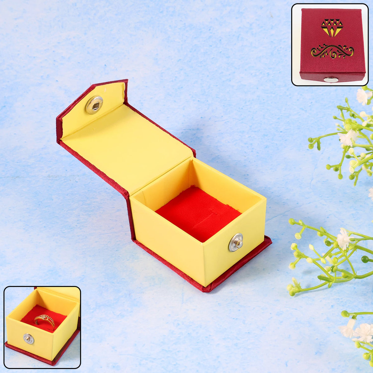 Premium ring gift box with decorative exterior and velvet cushion inside Main image