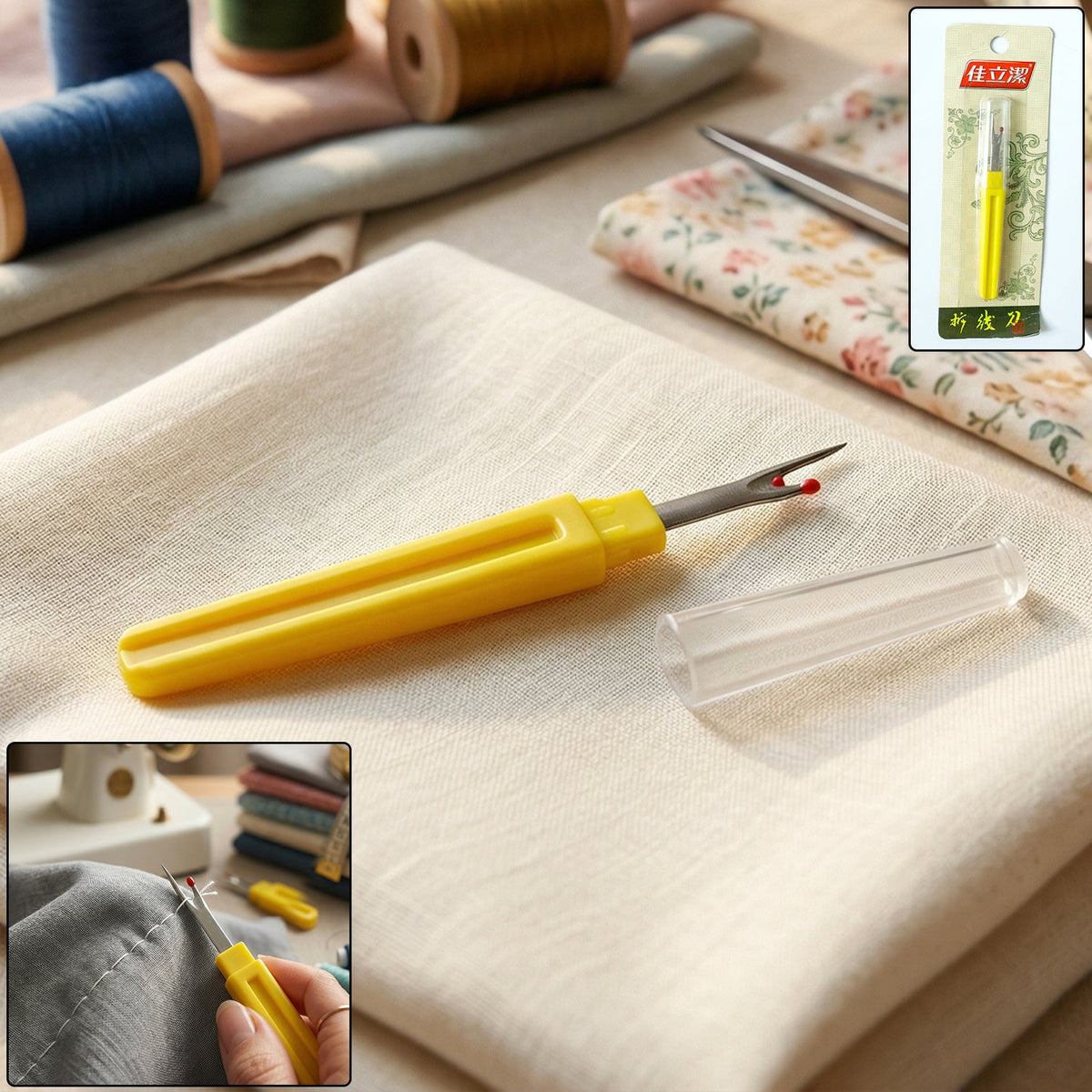 Close up of a seam ripper tool with a sharp tip for accurate stitch removal. Main image