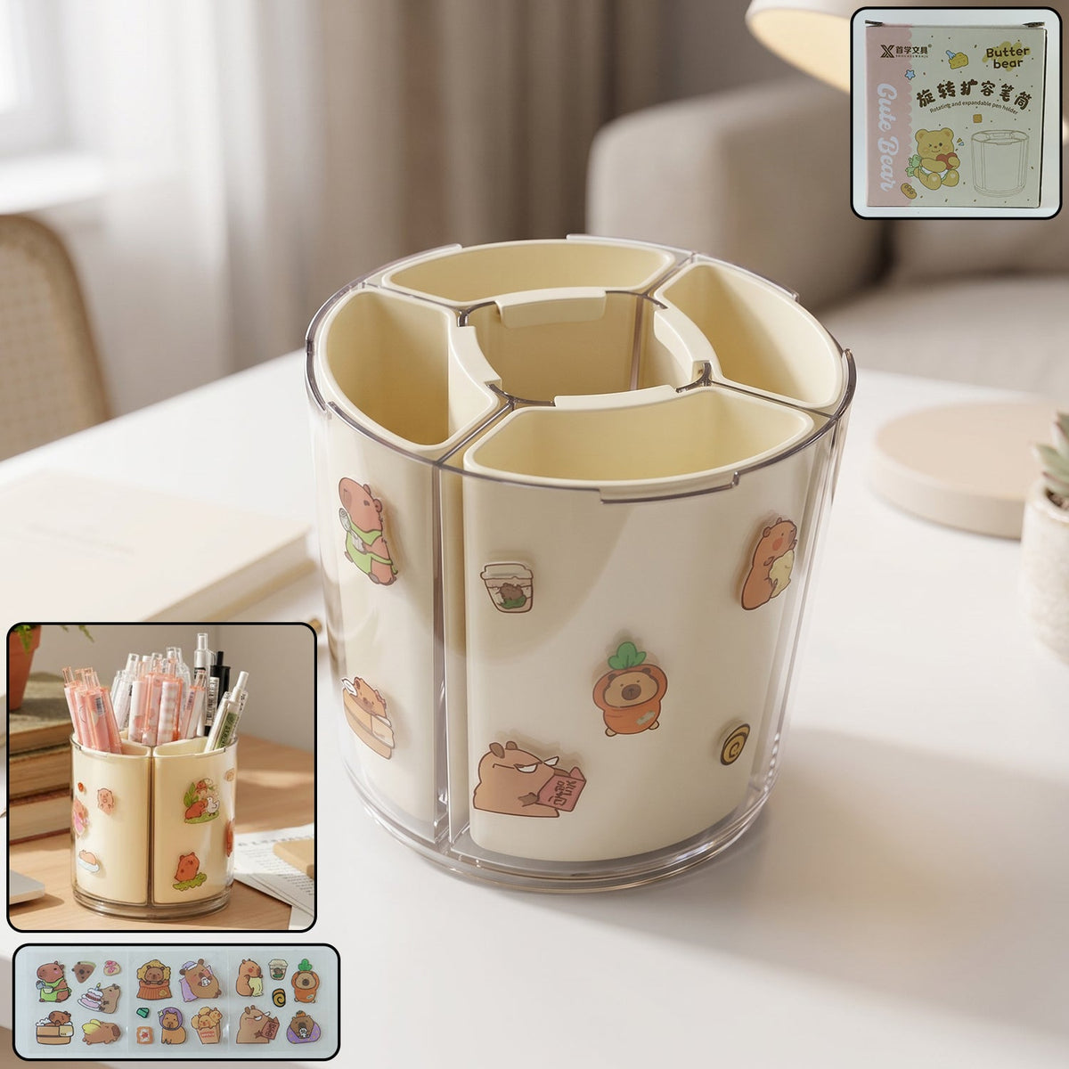 5 compartment rotating pen holder on a desk, sleek and space-efficient Main image