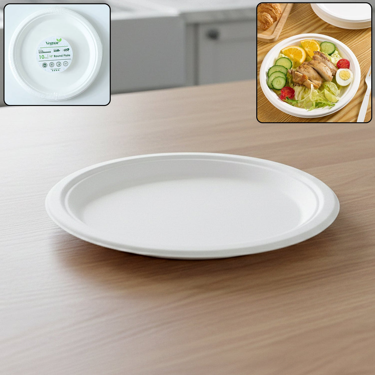 Disposable round food serving plate from Vegnar showing classic design Main image