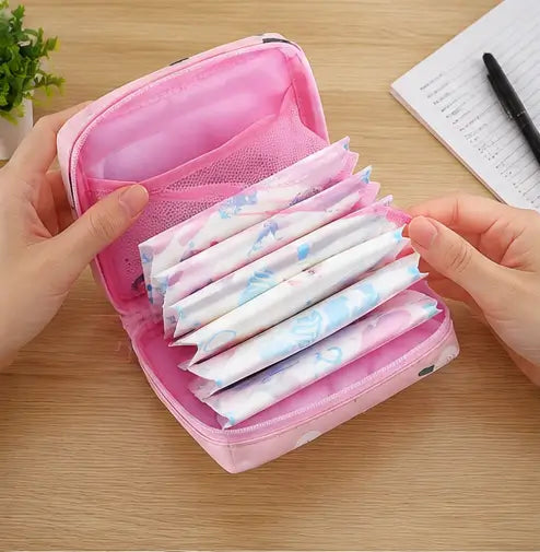 Small Multipurpose Pouch for Women & Girls – Printed Zipper Organizer Bag for Sanitary Pads, Makeup, Cables & Accessories