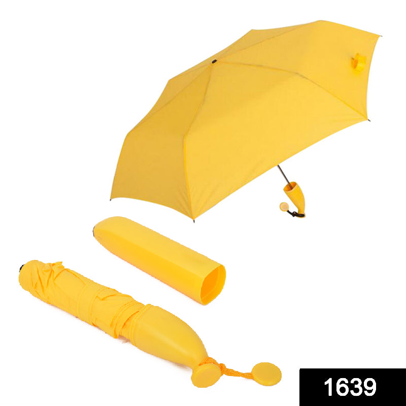 A bright yellow DrizzlePro umbrella is shown open, alongside its banana-shaped case and the folded umbrella. Main image