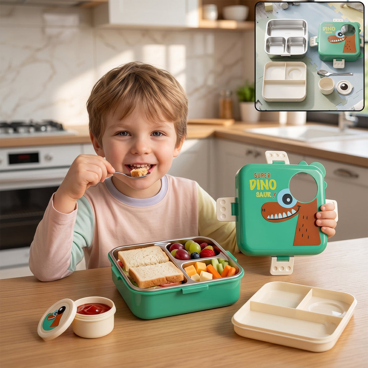 Steel kids dinosaur lunch box, bento tiffin with steel tray, spoon and sauce cup (1 set) Main image