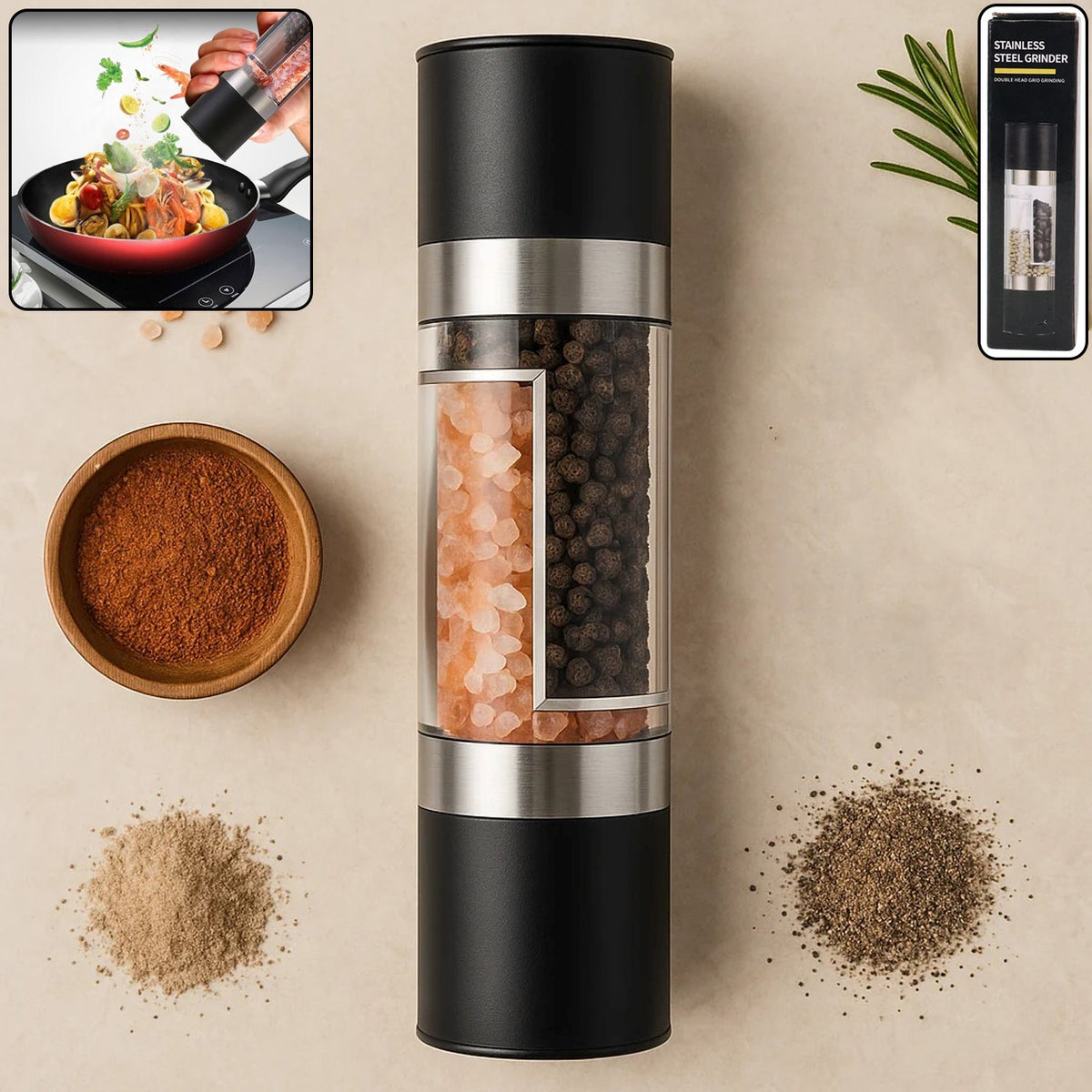 Front view of 2-in-1 stainless steel salt and pepper grinder with dual chambers Main image
