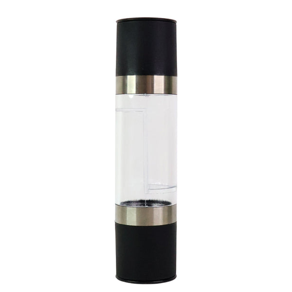 Clear acrylic chamber displaying salt and peppercorns inside grinder