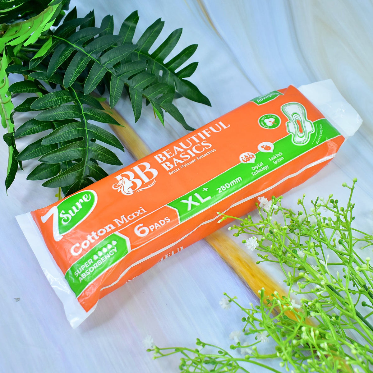 Pack of Beautiful Basics Cotton Maxi XL+ Sanitary Pads 280mm for heavy flow protection Main image