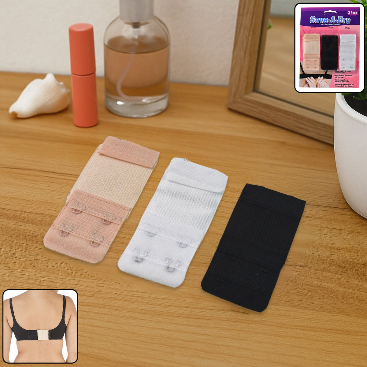 Adjustable bra extender set with 2-hook in skin, white, and black colors lying flat Main image