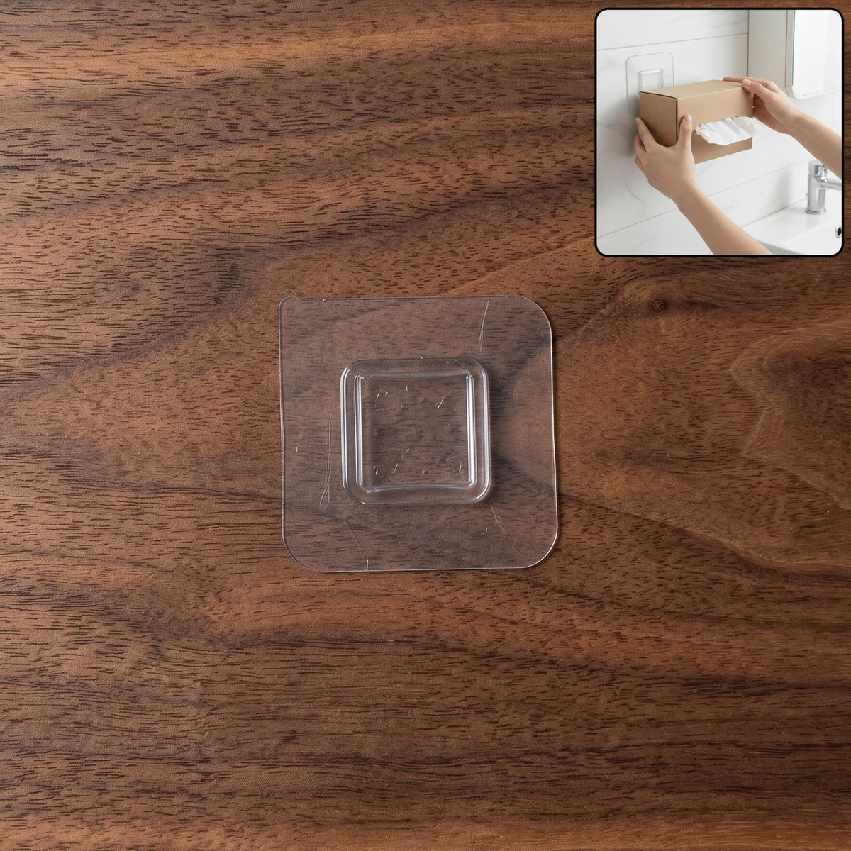 Clear self-adhesive wall hook for easy, tool-free mounting on smooth surfaces. Main image