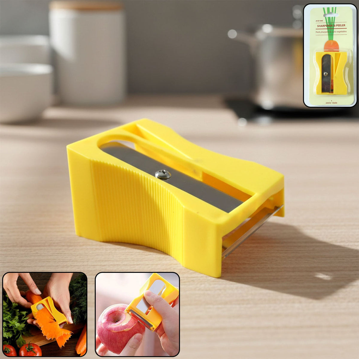 Close-up of multipurpose vegetable sharpener & peeler showing dual functions Main image