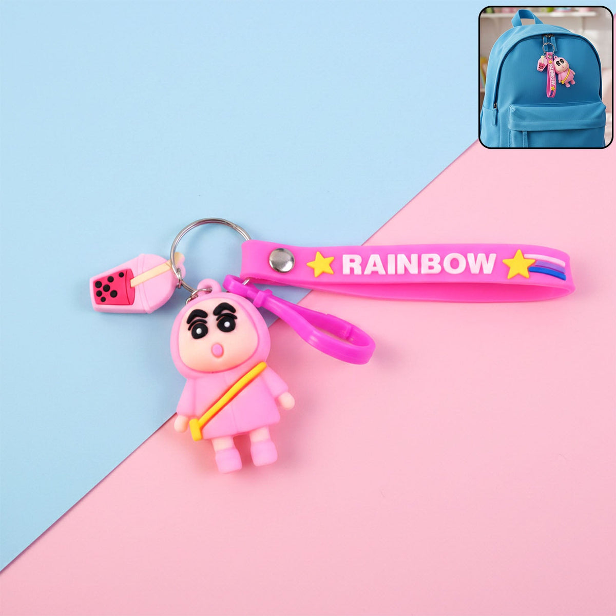 Cartoon character keychain with colorful rainbow strap and metal ring Main image
