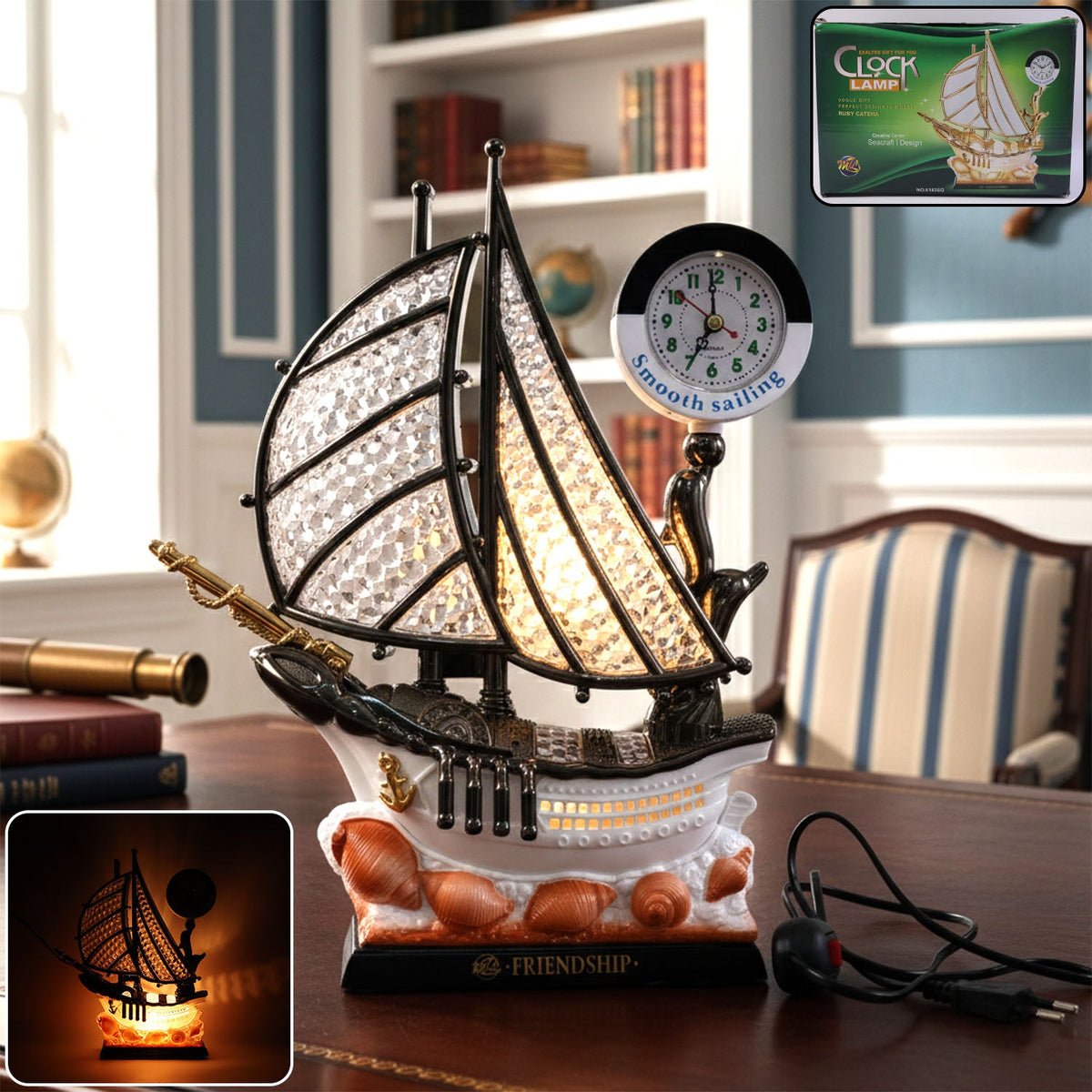 Ship shape clock lamp with warm LED light on white background Main image