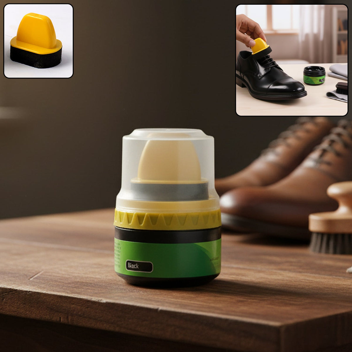 Black shoe polish cream container with built-in sponge applicator Main image
