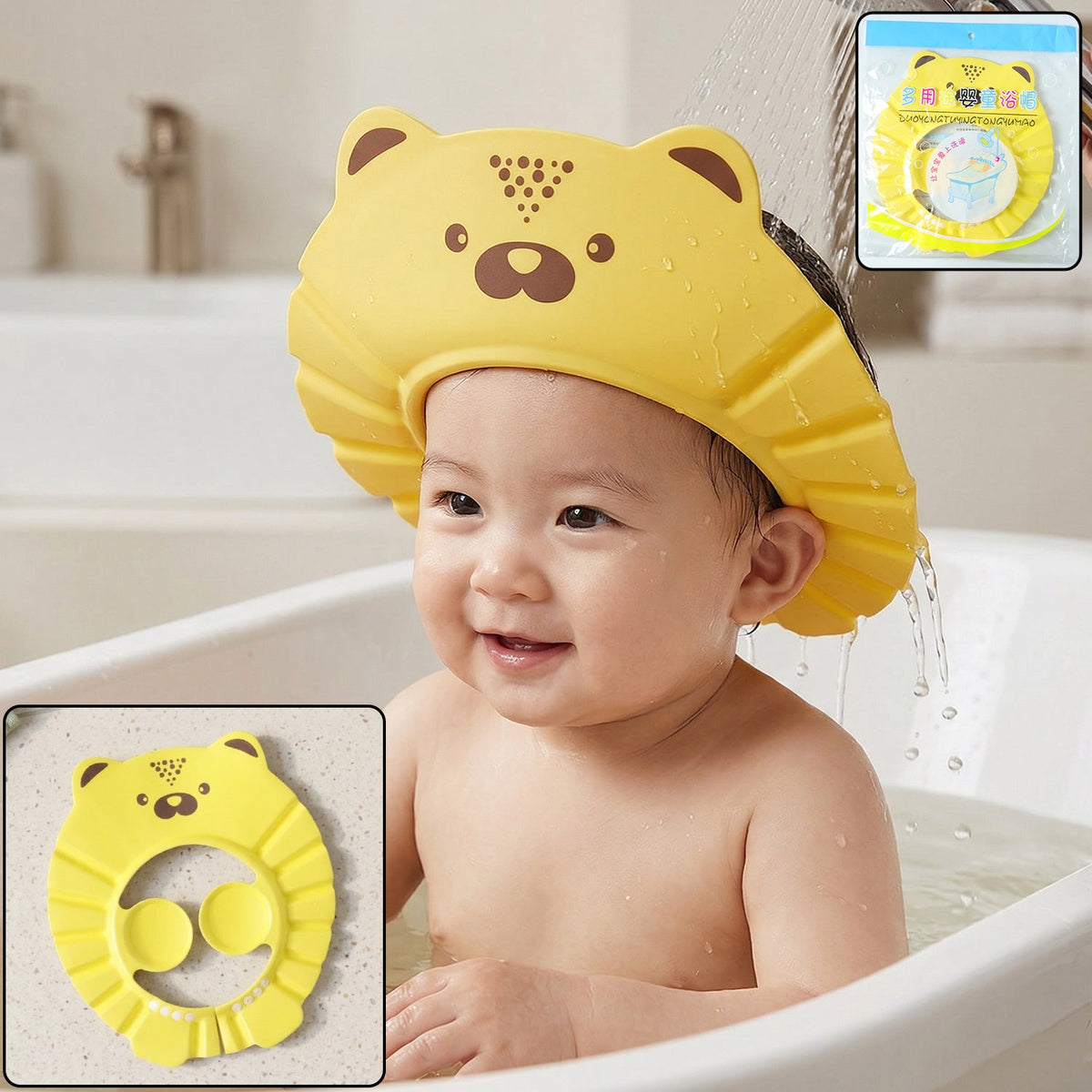 A cheerful baby wears a cartoon baby shower cap, providing waterproof ear protection during bath time. Main image