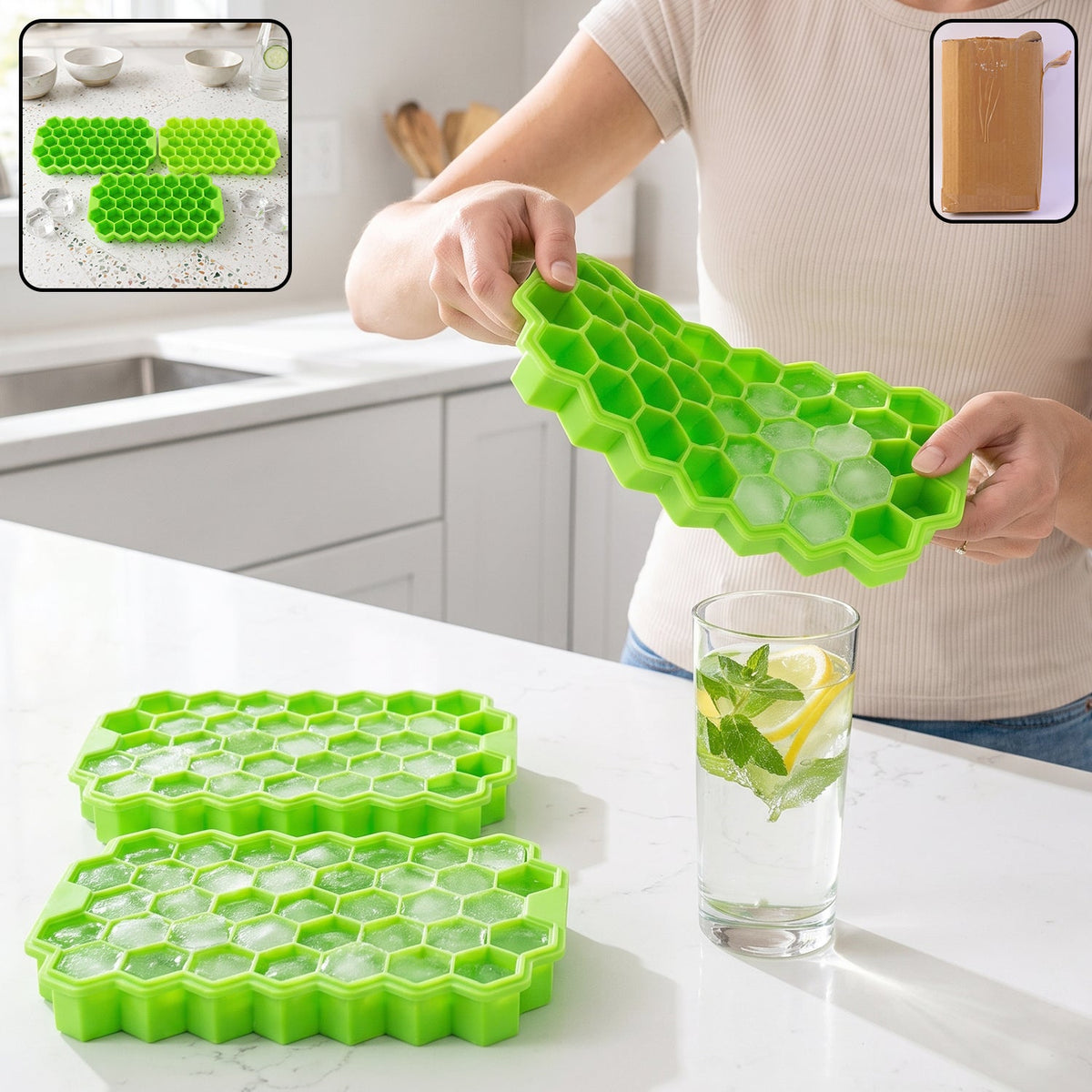Silicone honeycomb ice cube tray, 37 cavity flexible freezer mould (3 pc set) Main image
