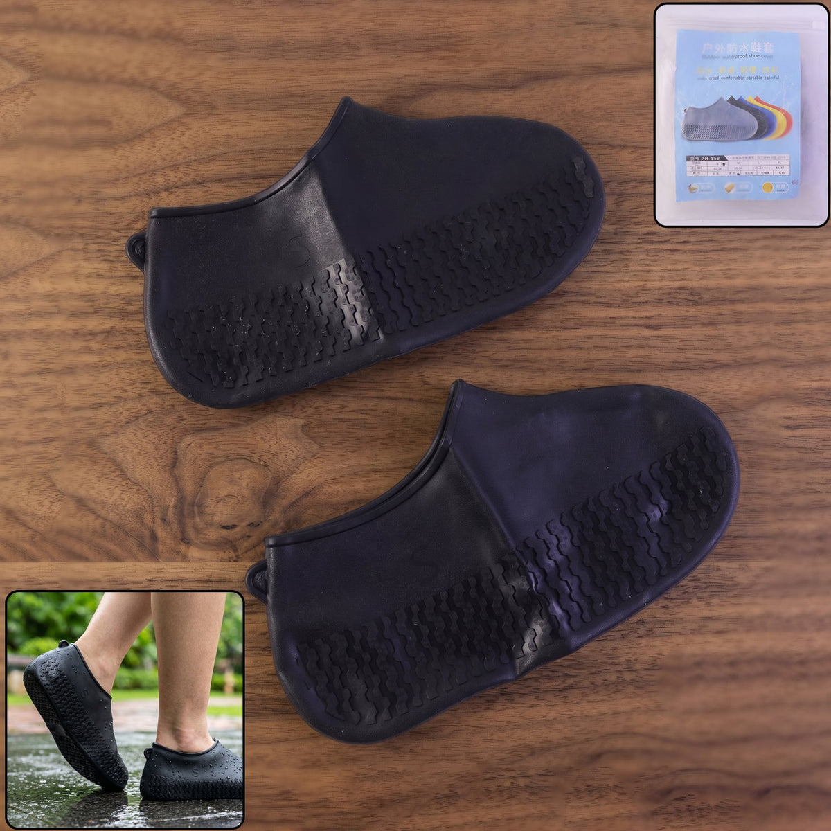 Black waterproof silicone rain shoe cover showing textured non-slip sole Main image