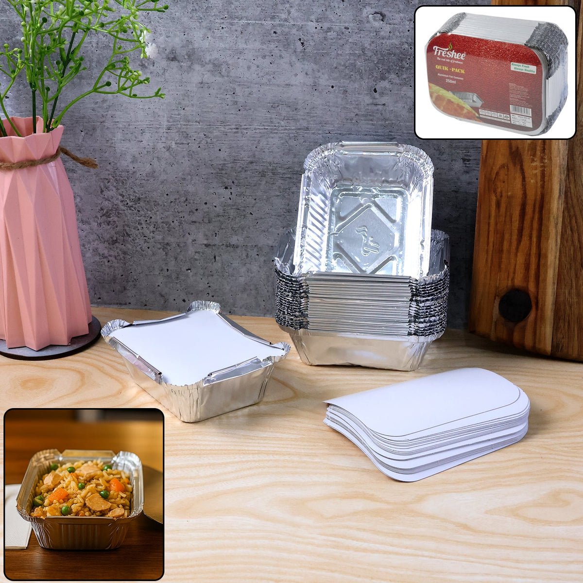 250 ml disposable aluminium food container with lid showing silver foil tray Main image