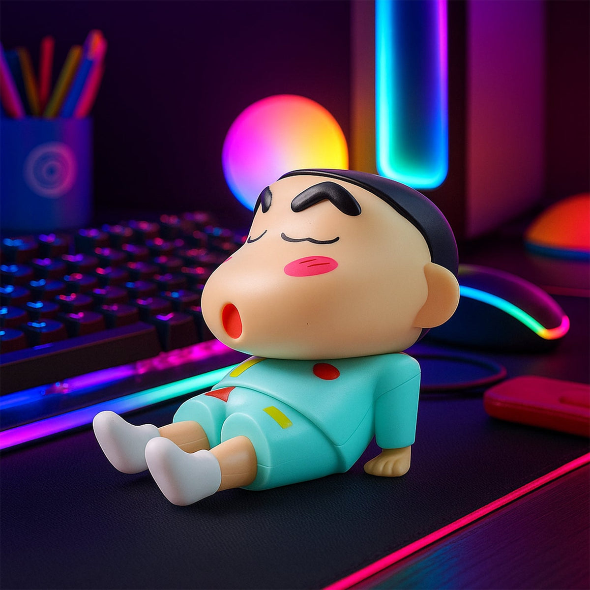 Cartoon figurine mobile phone stand securing smartphone on desk Main image
