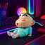 Cartoon figurine mobile phone stand securing smartphone on desk