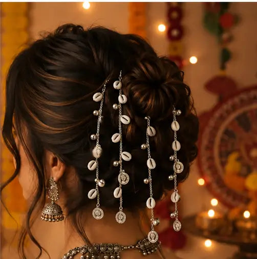 Navratri Silver Hair Clips with Kori & Ghoongroo – Set of 5 Traditional Ethnic Hair Accessories