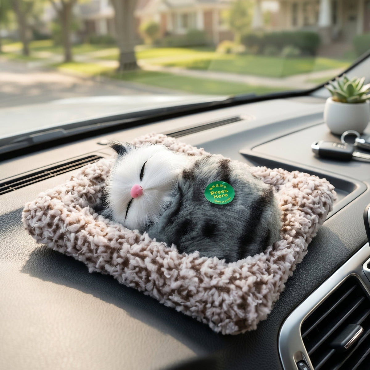 Plush open-eye cat showpiece on white background Main image