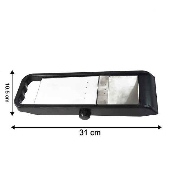 Rear view of the Supermom adjustable slicer, highlighting its sturdy plastic construction.