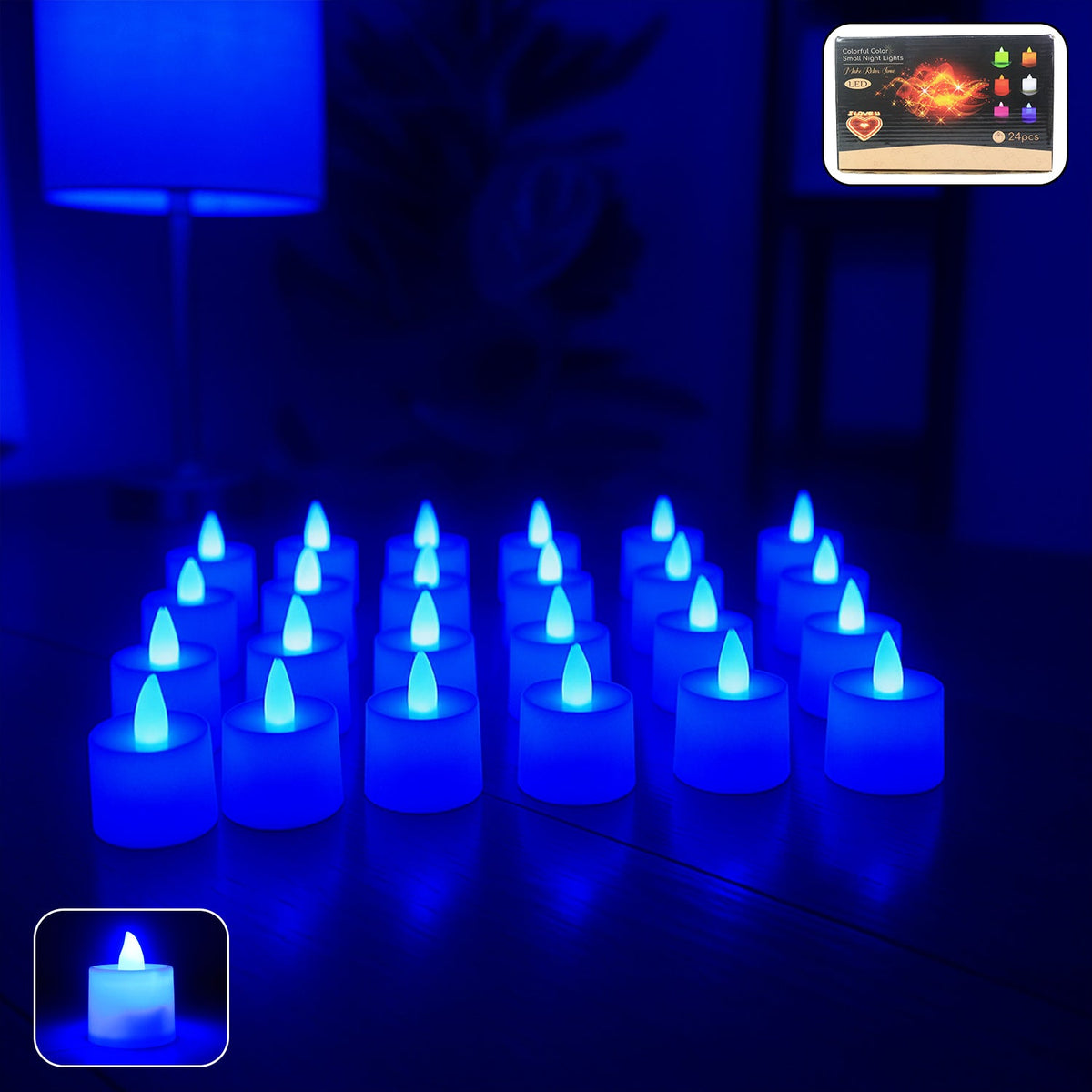 Blue LED tea light candles glowing softly in decorative arrangement Main image