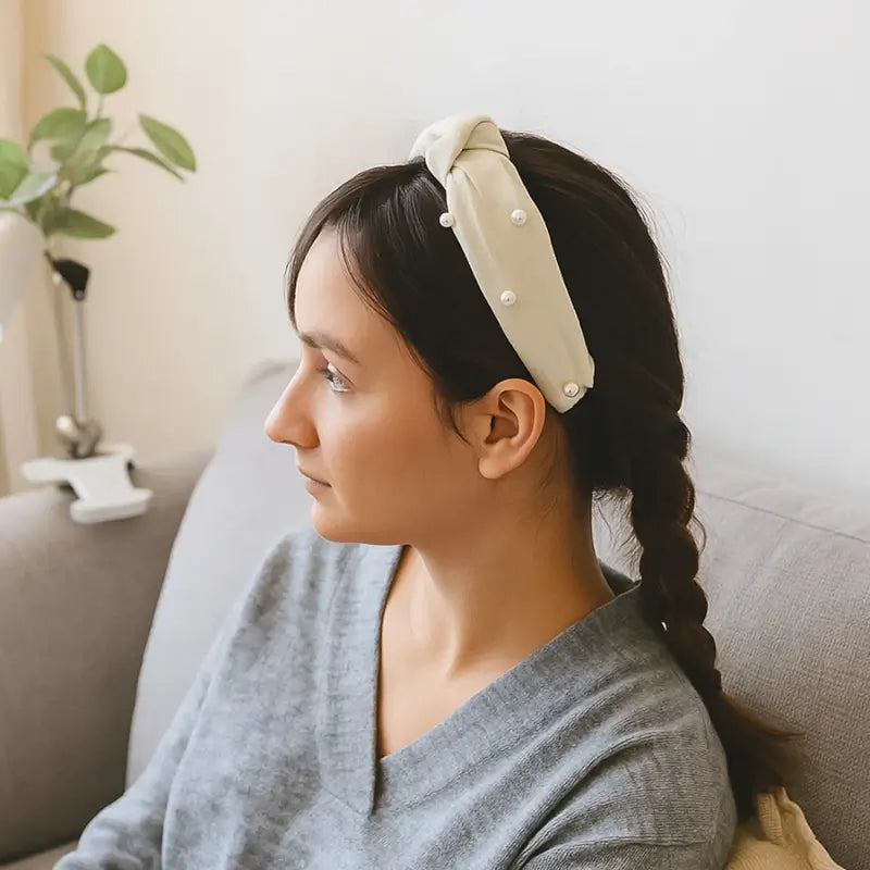 Ribbed Knot Pearl Hairband for Women – Soft Padded Headband for Everyday & Party Wear