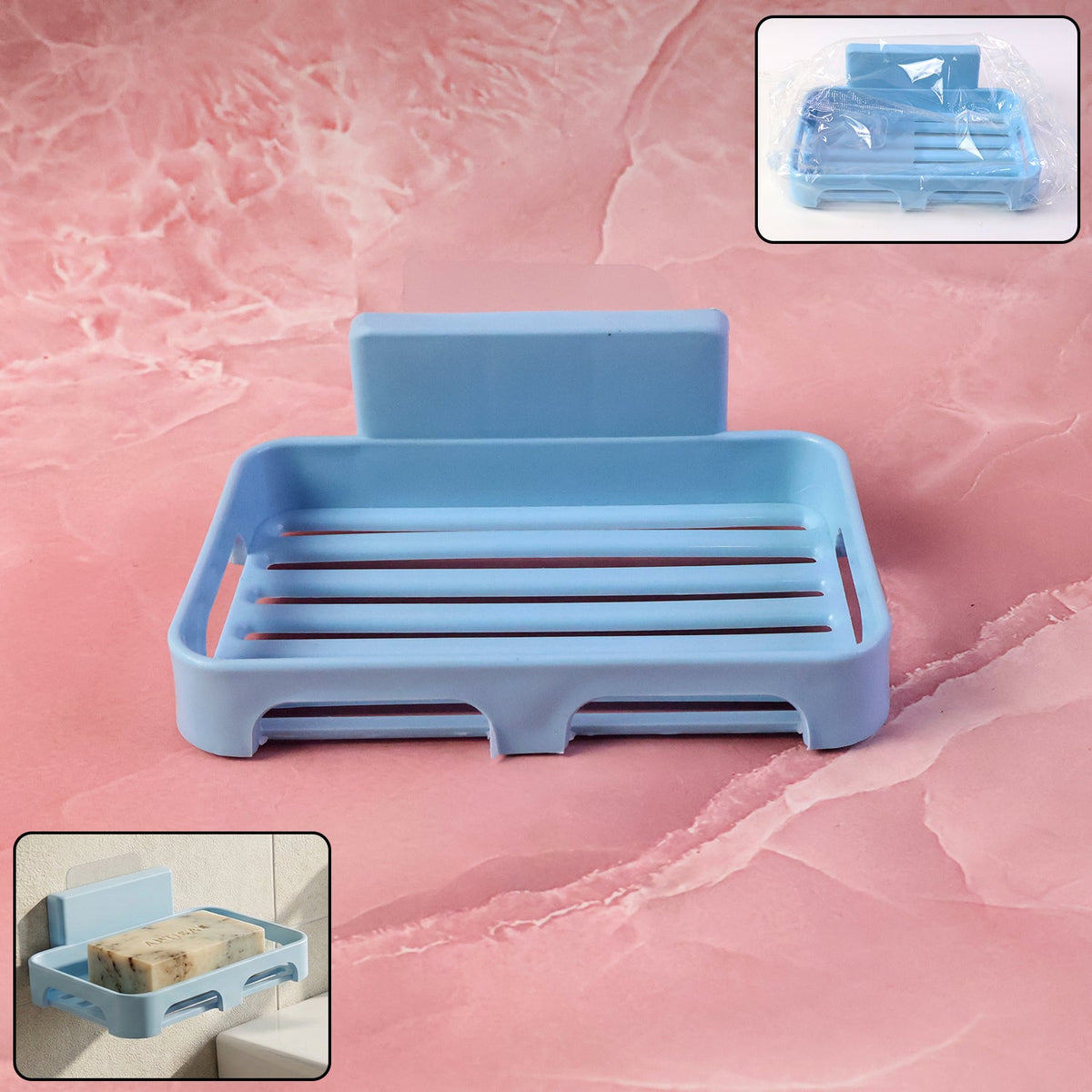 Plastic soap dish with drain slots and self-adhesive wall mount Main image