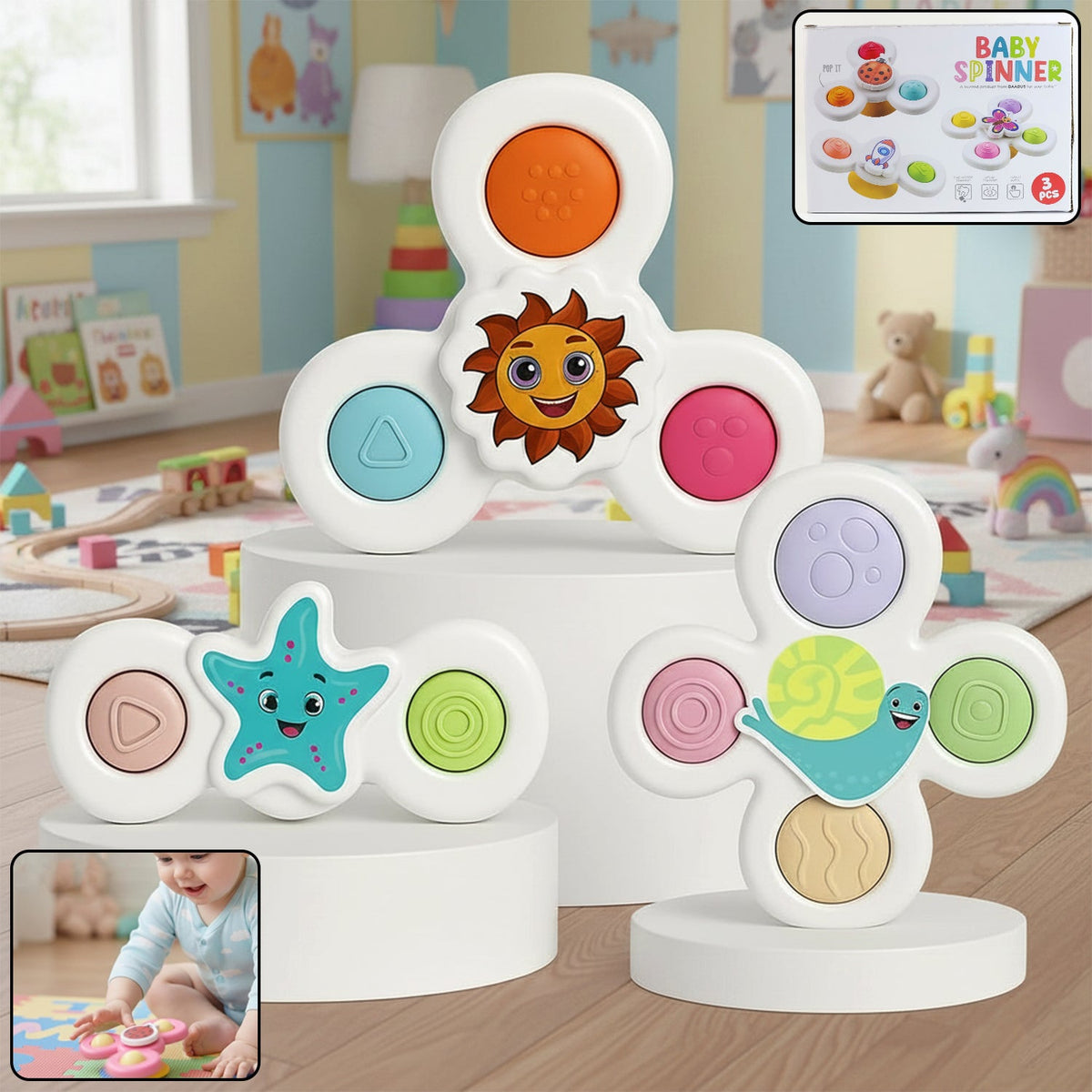 White baby spinner toy set with strong suction bases attached to high chair Main image