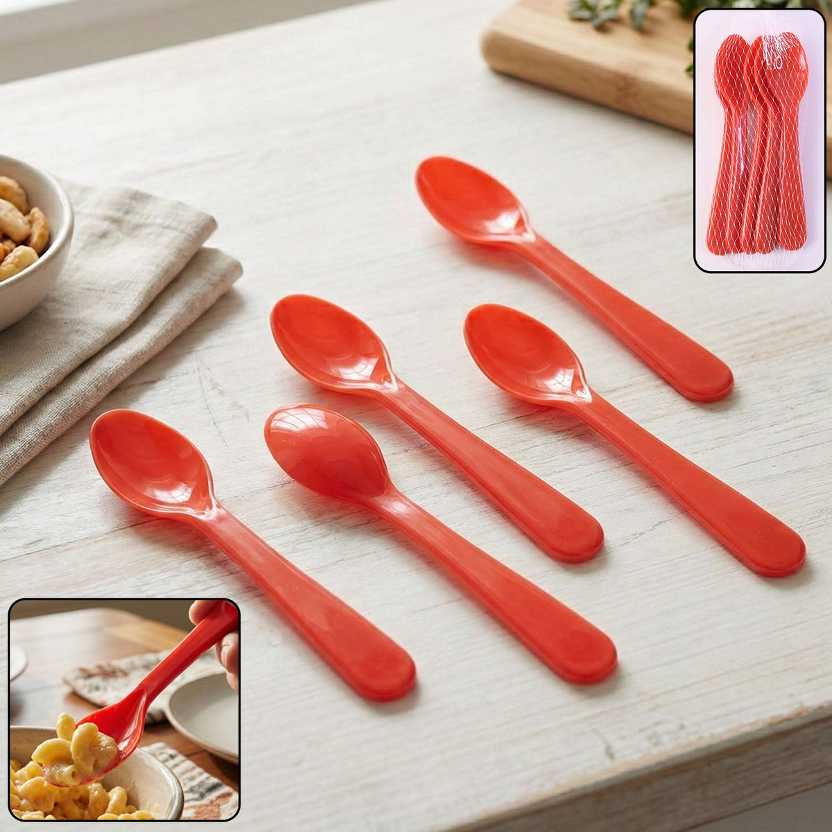 A complete 5-piece heat-resistant plastic spoon set from Serve Stellar, neatly arranged. Main image